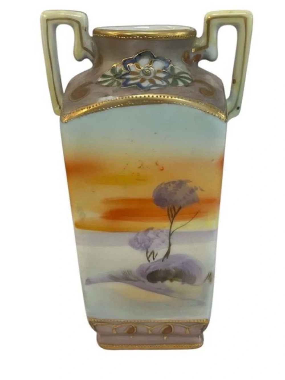 Antique Nippon Porcelain Vase Sunset Cottage Scene Gilt Double Handle Meiji 6